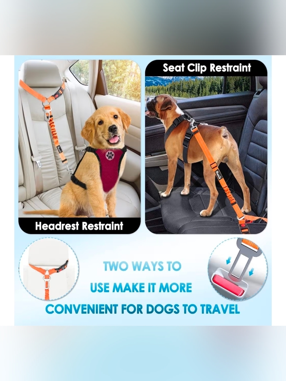 Orange Reflective Dog Seat Belt Harness - Adjustable Safety Lead